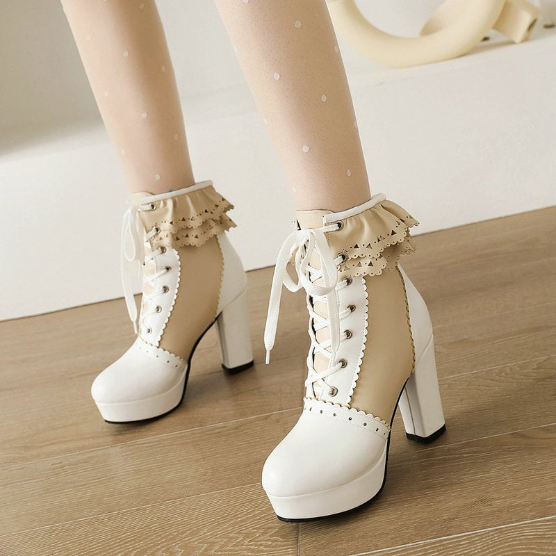 Ženske čizme viteškog stila u japanskom stilu s prednjim vezivanjem, debelim potpeticom, PU gornji dio, gumena potplata, kratka potkoljenica