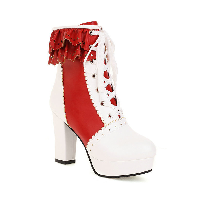 Ženske čizme viteškog stila u japanskom stilu s prednjim vezivanjem, debelim potpeticom, PU gornji dio, gumena potplata, kratka potkoljenica