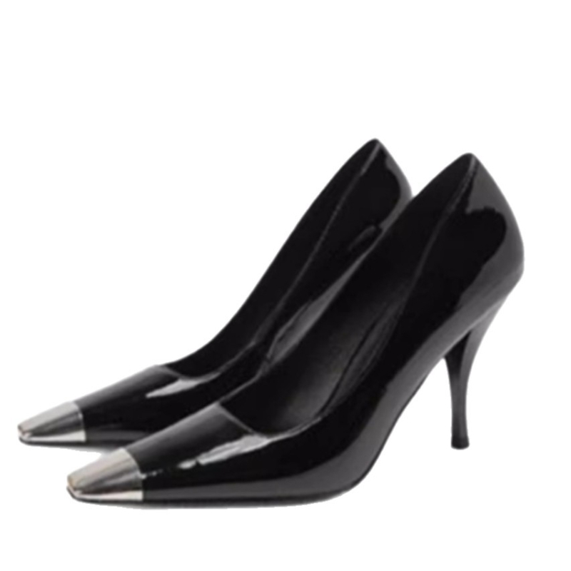 Ženske visoke potpetice s izgledom patent kože, kvadratni vrh, debeli pet 6-8 cm, PU gornji dio, gumeni potplat, slip-on