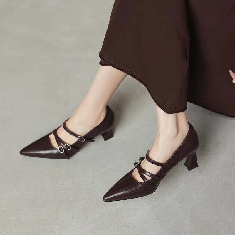 Pantofi Mary Jane cu vârf ascuțit, toc gros 3-6 cm, închidere cu cataramă, partea superioară PU