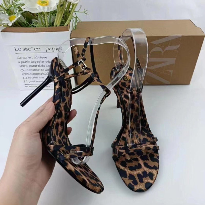 Ženske visoke potpetice s leopardnim uzorkom, otvoreni prst, tanak 6-8 cm potpetica, gornji dio od mikrovlakna, gumeni đon