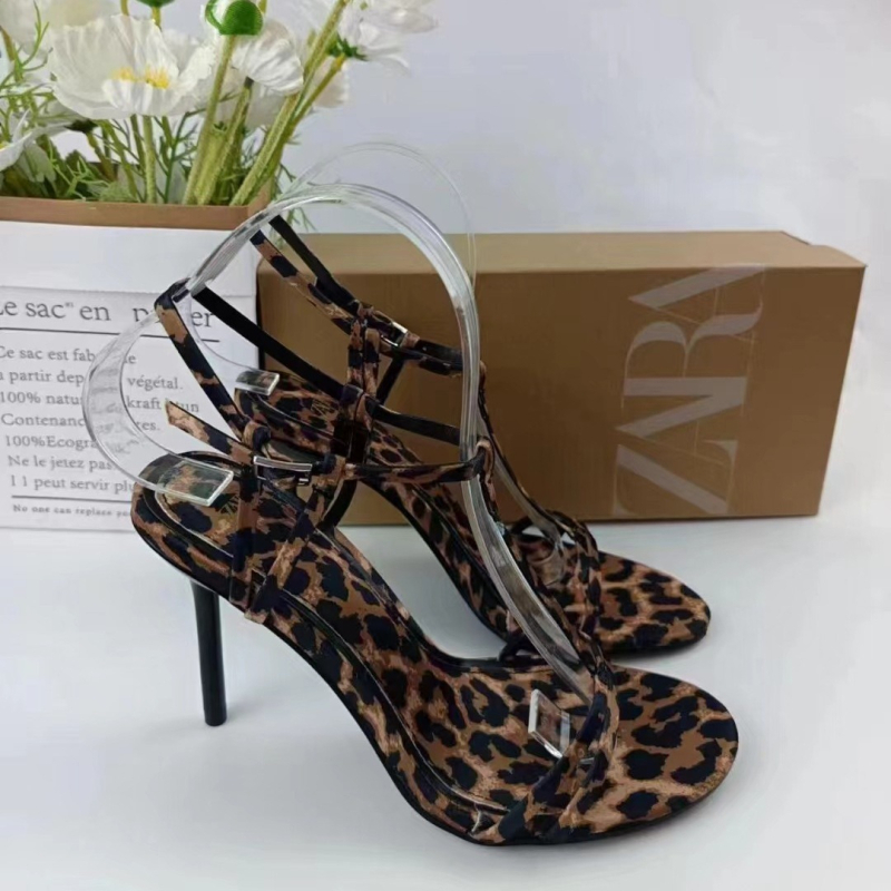 Ženske visoke potpetice s leopardnim uzorkom, otvoreni prst, tanak 6-8 cm potpetica, gornji dio od mikrovlakna, gumeni đon