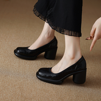 Pantofi Mary Jane din piele naturală, vârf rotund, toc mediu 3–6 cm, toc gros, talpă din cauciuc