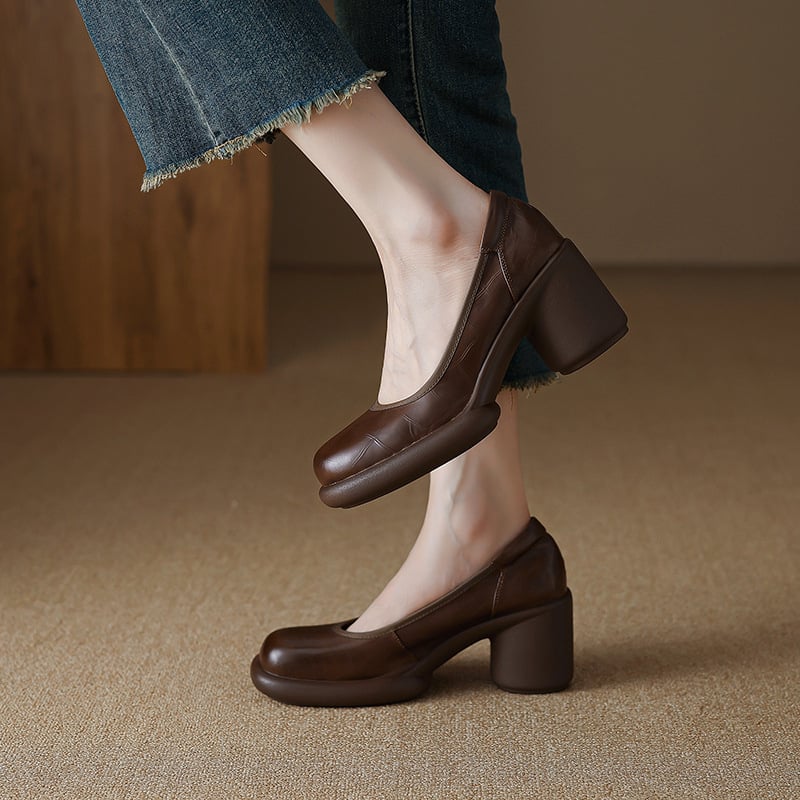 Pantofi Mary Jane din piele naturală, vârf rotund, toc mediu 3–6 cm, toc gros, talpă din cauciuc