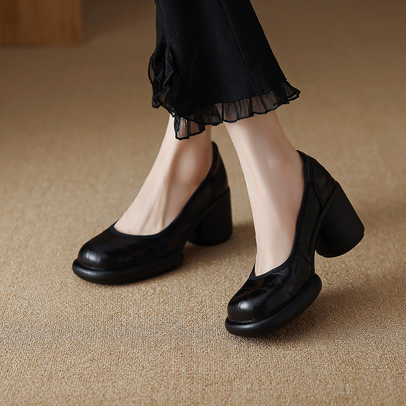 Pantofi Mary Jane din piele naturală, vârf rotund, toc mediu 3–6 cm, toc gros, talpă din cauciuc