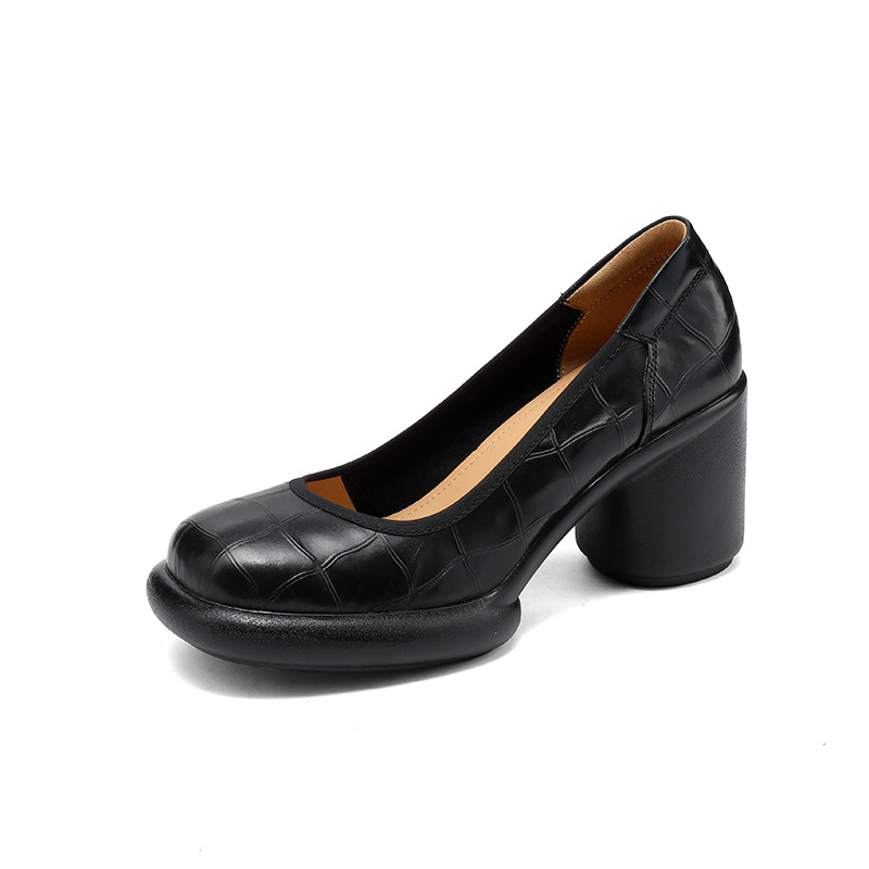 Pantofi Mary Jane din piele naturală, vârf rotund, toc mediu 3–6 cm, toc gros, talpă din cauciuc