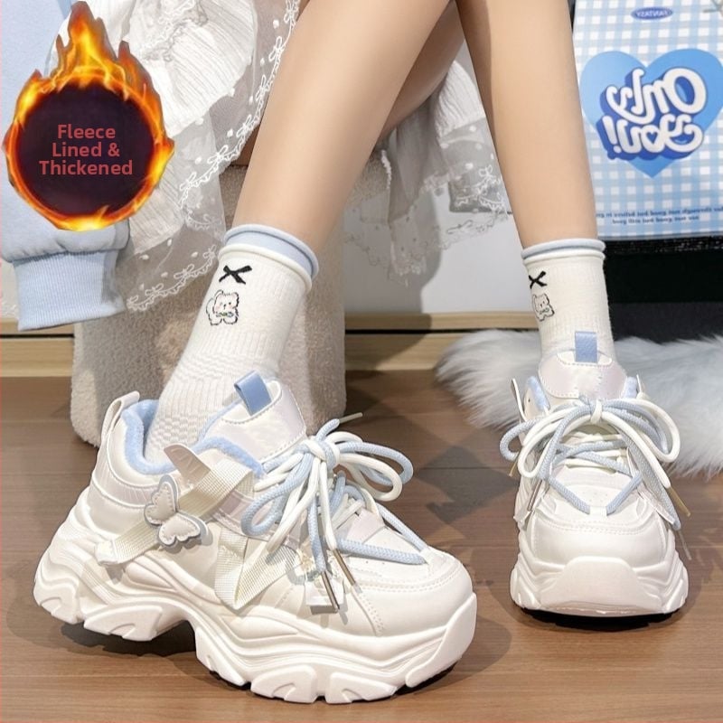 Ženske tenisice tipa dad s fleece podstavom, mrežasti gornji dio, gumena potplata, platforma 3–5 cm, vezanje