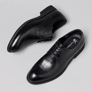 Pantofi derby din piele pentru bărbați, vârf ascuțit, partea superioară din piele de vițel în două straturi, talpă din cauciuc, șireturi, căptușeală din piele microfibră