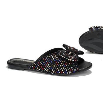 Ženske sandale s rhinestone mašnicom i ravnim potplatom – gornji dio od velura, TPU potplat, unutrašnjost od imitirane kože, lagana svakodnevna obuća