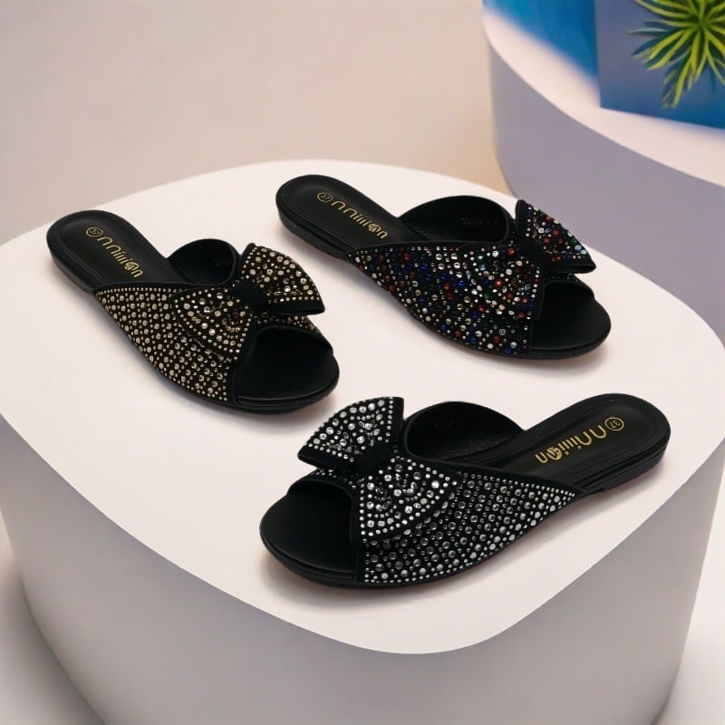 Ženske sandale s rhinestone mašnicom i ravnim potplatom – gornji dio od velura, TPU potplat, unutrašnjost od imitirane kože, lagana svakodnevna obuća