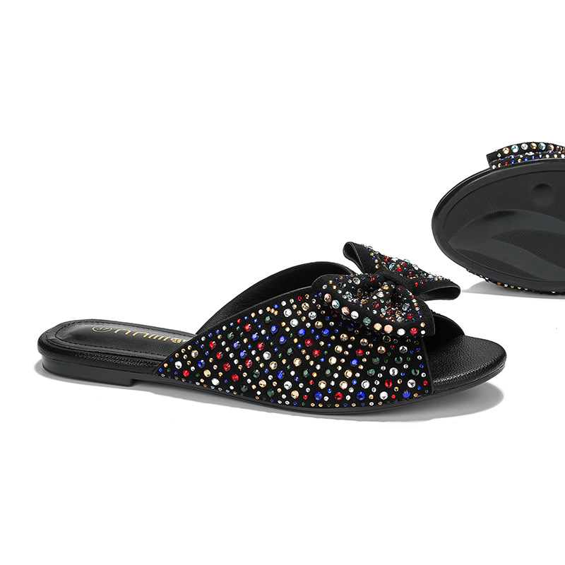 Ženske sandale s rhinestone mašnicom i ravnim potplatom – gornji dio od velura, TPU potplat, unutrašnjost od imitirane kože, lagana svakodnevna obuća