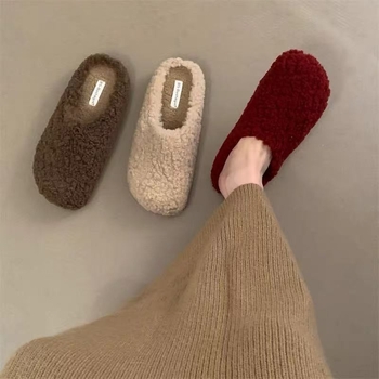 Papuci de casă nubuc, căptușiți cu blană artificială, talpă din plastic, design slip-on, talpă plată