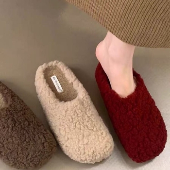 Papuci de casă nubuc, căptușiți cu blană artificială, talpă din plastic, design slip-on, talpă plată