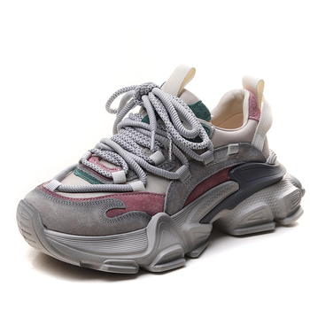 Adidași dama cu talpă groasă, din piele de vită de primă calitate, branță din piele de porc, talpă din spumă de cauciuc, închidere cu șireturi, platformă 6–8 cm, primăvară/toamnă