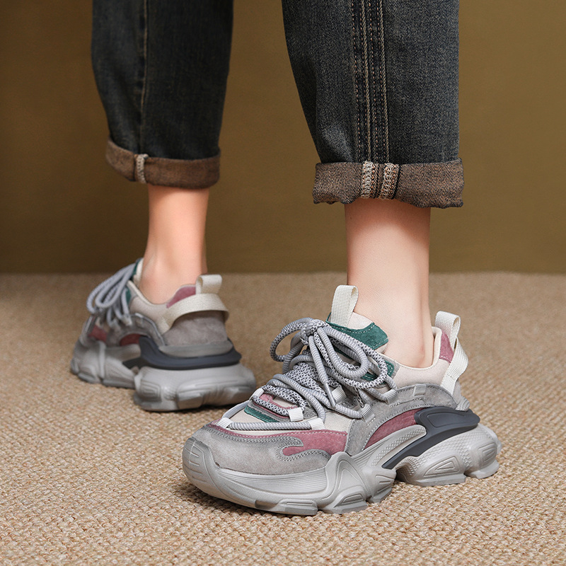 Adidași dama cu talpă groasă, din piele de vită de primă calitate, branță din piele de porc, talpă din spumă de cauciuc, închidere cu șireturi, platformă 6–8 cm, primăvară/toamnă