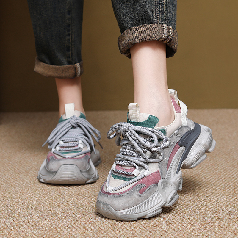 Adidași dama cu talpă groasă, din piele de vită de primă calitate, branță din piele de porc, talpă din spumă de cauciuc, închidere cu șireturi, platformă 6–8 cm, primăvară/toamnă