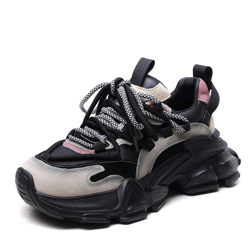 Adidași dama cu talpă groasă, din piele de vită de primă calitate, branță din piele de porc, talpă din spumă de cauciuc, închidere cu șireturi, platformă 6–8 cm, primăvară/toamnă