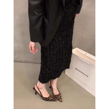 Sandale pentru femei cu imprimeu leopard, toc înalt, vârf ascuțit, partea superioară PU, slip-on, talpă din cauciuc.