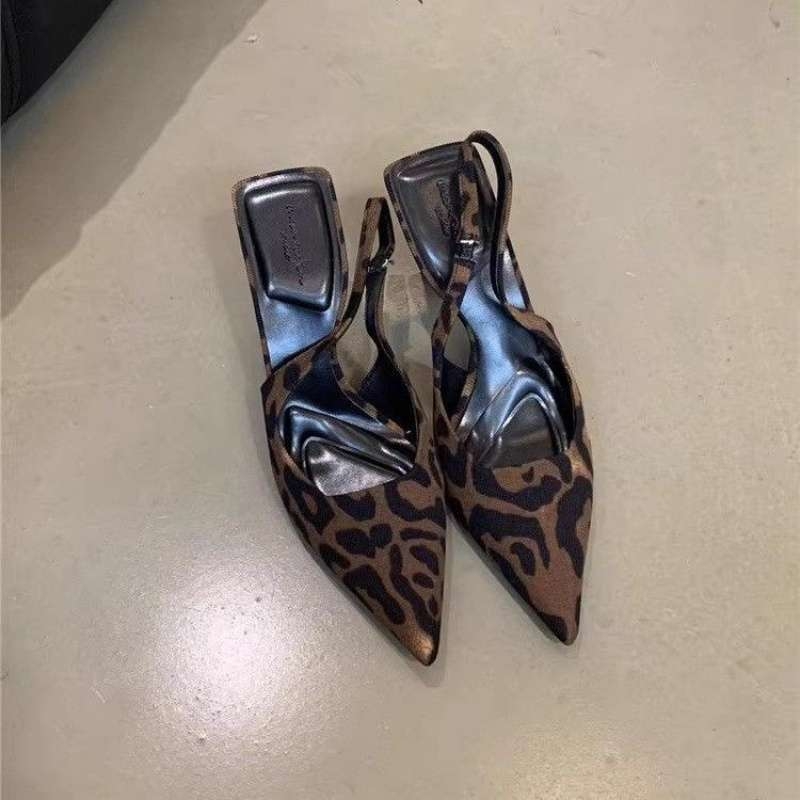 Sandale pentru femei cu imprimeu leopard, toc înalt, vârf ascuțit, partea superioară PU, slip-on, talpă din cauciuc.