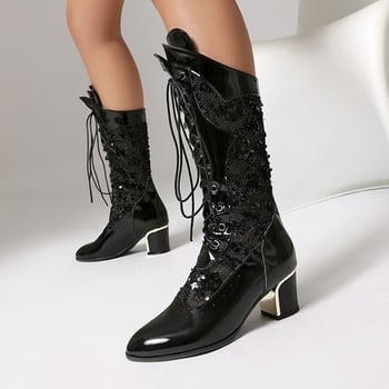 PU čizme do sredine potkoljenice, špičat nos, bočni zatvarač, 6-8 cm visoka peta