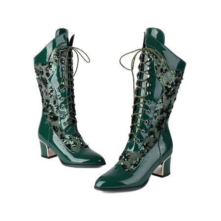 PU čizme do sredine potkoljenice, špičat nos, bočni zatvarač, 6-8 cm visoka peta