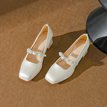 Pantofi Mary Jane pentru femei cu toc gros – partea superioară satinată, vârf pătrat, talpă din cauciuc, branț PU