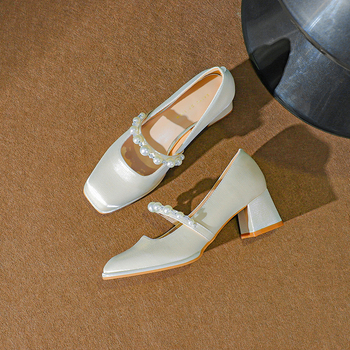 Pantofi Mary Jane pentru femei cu toc gros – partea superioară satinată, vârf pătrat, talpă din cauciuc, branț PU