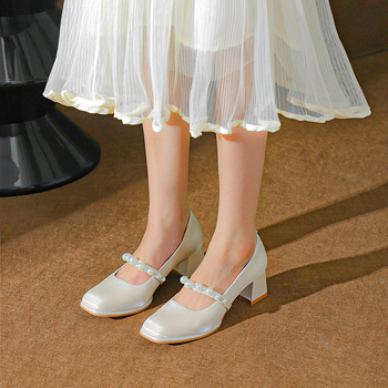 Pantofi Mary Jane pentru femei cu toc gros – partea superioară satinată, vârf pătrat, talpă din cauciuc, branț PU