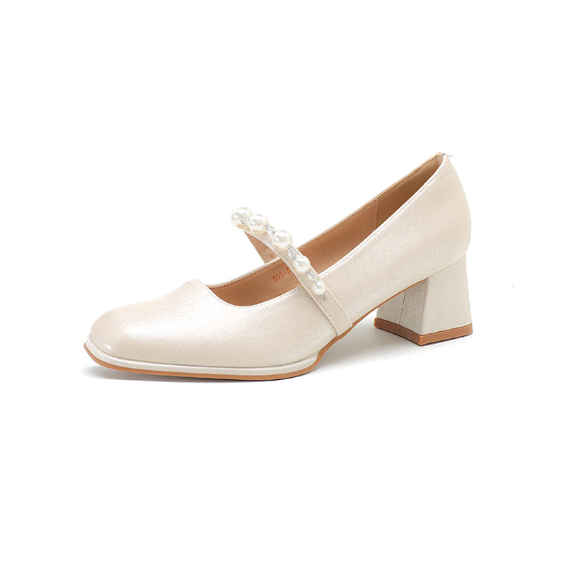 Pantofi Mary Jane pentru femei cu toc gros – partea superioară satinată, vârf pătrat, talpă din cauciuc, branț PU