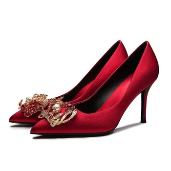 Pantofi de mireasă pentru femei — partea superioară din mătase, toc mic de tip pisică sub 3 cm, talpă din cauciuc, căptușeală din piele microfibră