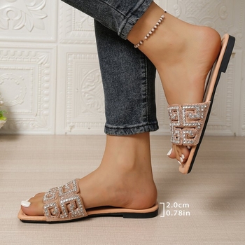Ženske sandale s kristalima, ravne potplatom – jedna trakica, PU gornji dio, PU potplat, podstava od umjetne kože, jednofarbanog dizajna, za plažu, ljeto 2025.