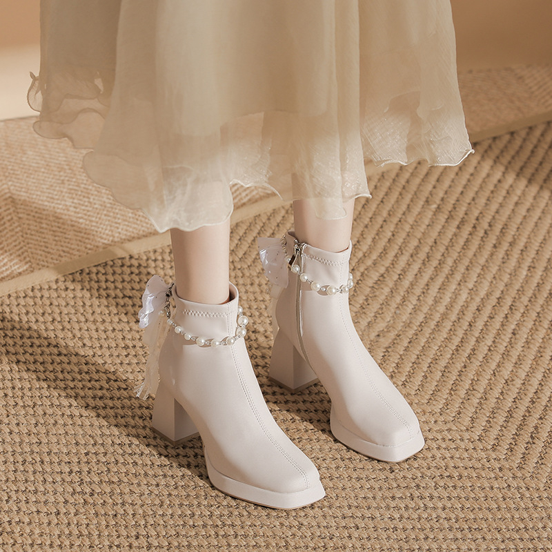 Cizme dama cu vârf pătrat, toc gros, platformă impermeabilă, partea superioară din satin, până la mijlocul gambei, toamnă-iarnă