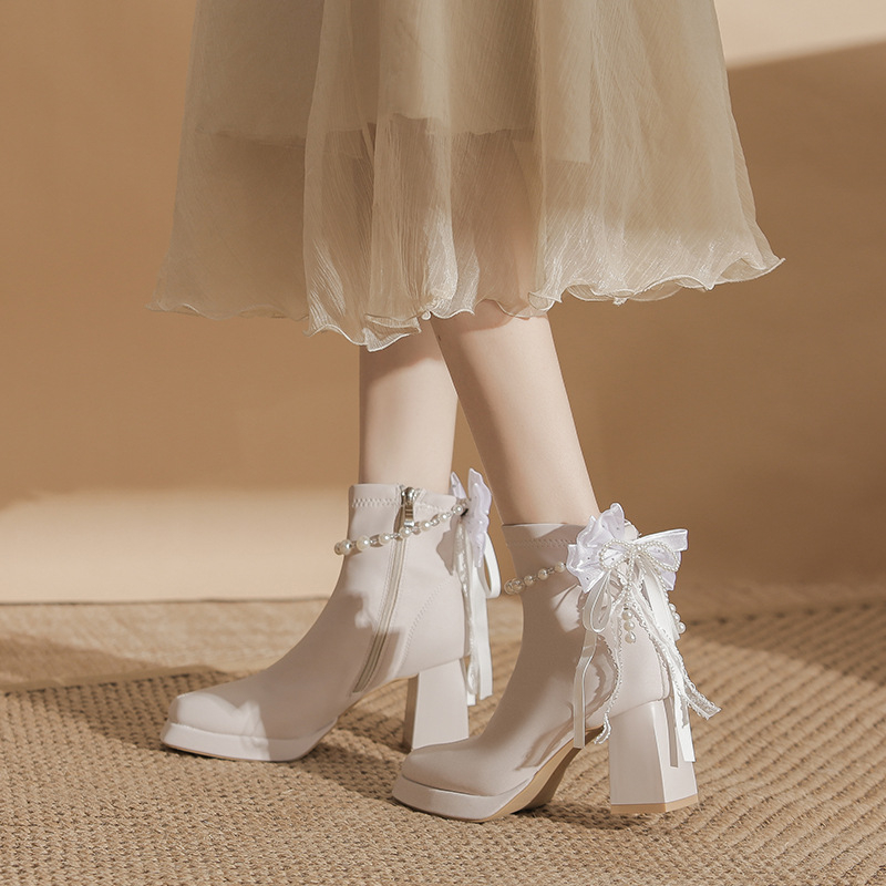 Cizme dama cu vârf pătrat, toc gros, platformă impermeabilă, partea superioară din satin, până la mijlocul gambei, toamnă-iarnă