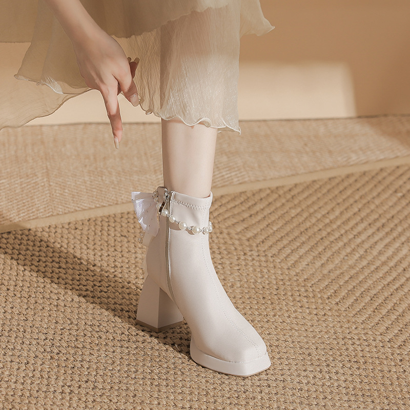 Cizme dama cu vârf pătrat, toc gros, platformă impermeabilă, partea superioară din satin, până la mijlocul gambei, toamnă-iarnă