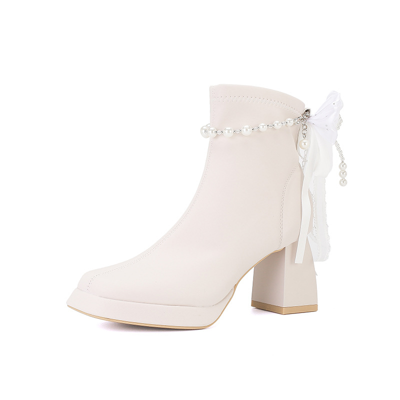 Cizme dama cu vârf pătrat, toc gros, platformă impermeabilă, partea superioară din satin, până la mijlocul gambei, toamnă-iarnă