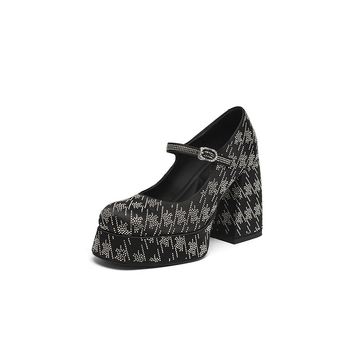 Pantofi Mary Jane cu vârf rotund, partea superioară din piele de vită, toc gros, curea de gleznă, platformă