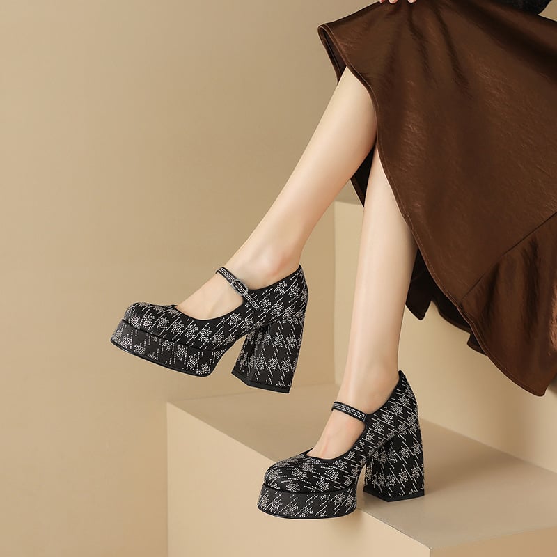 Pantofi Mary Jane cu vârf rotund, partea superioară din piele de vită, toc gros, curea de gleznă, platformă