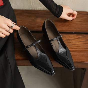 Pantofi Mary Jane, vârf pătrat, toc mediu (3–6 cm), toc gros, partea superioară din piele de oaie