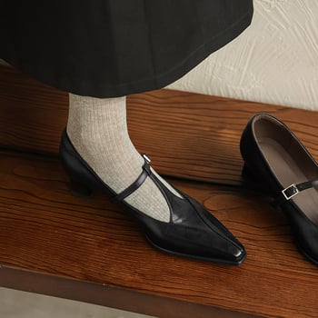 Pantofi Mary Jane, vârf pătrat, toc mediu (3–6 cm), toc gros, partea superioară din piele de oaie