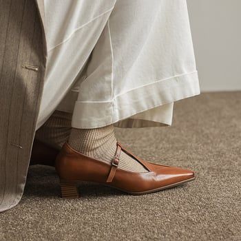 Pantofi Mary Jane, vârf pătrat, toc mediu (3–6 cm), toc gros, partea superioară din piele de oaie