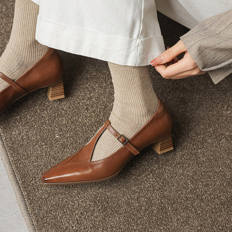 Pantofi Mary Jane, vârf pătrat, toc mediu (3–6 cm), toc gros, partea superioară din piele de oaie