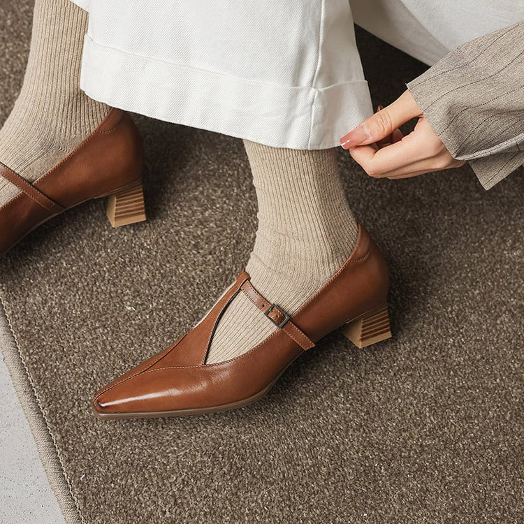 Pantofi Mary Jane, vârf pătrat, toc mediu (3–6 cm), toc gros, partea superioară din piele de oaie