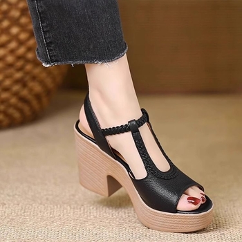 Platformske sandale za povećanje visine, s jednim remenom, 6–8 cm debeli pet, PU gornji dio, gumasti potplat, okrugli vrh, korejski stil