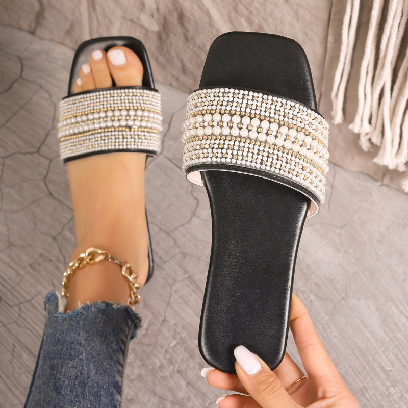 Ženske papuče s jednorodnim rhinestones, ravna potplat, gornji dio od umjetne PU, podstava od umjetne kože, gumena podloga, slip-on