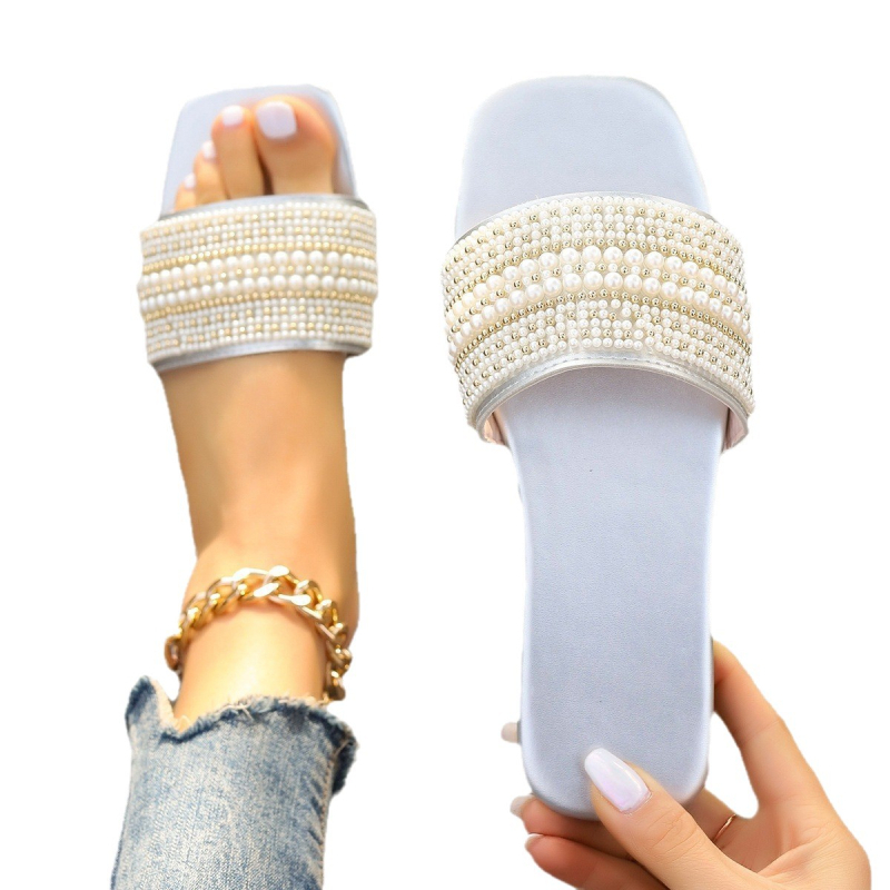 Ženske papuče s jednorodnim rhinestones, ravna potplat, gornji dio od umjetne PU, podstava od umjetne kože, gumena podloga, slip-on