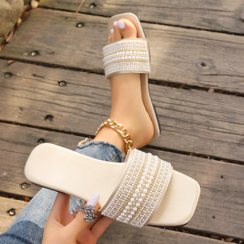 Ženske papuče s jednorodnim rhinestones, ravna potplat, gornji dio od umjetne PU, podstava od umjetne kože, gumena podloga, slip-on