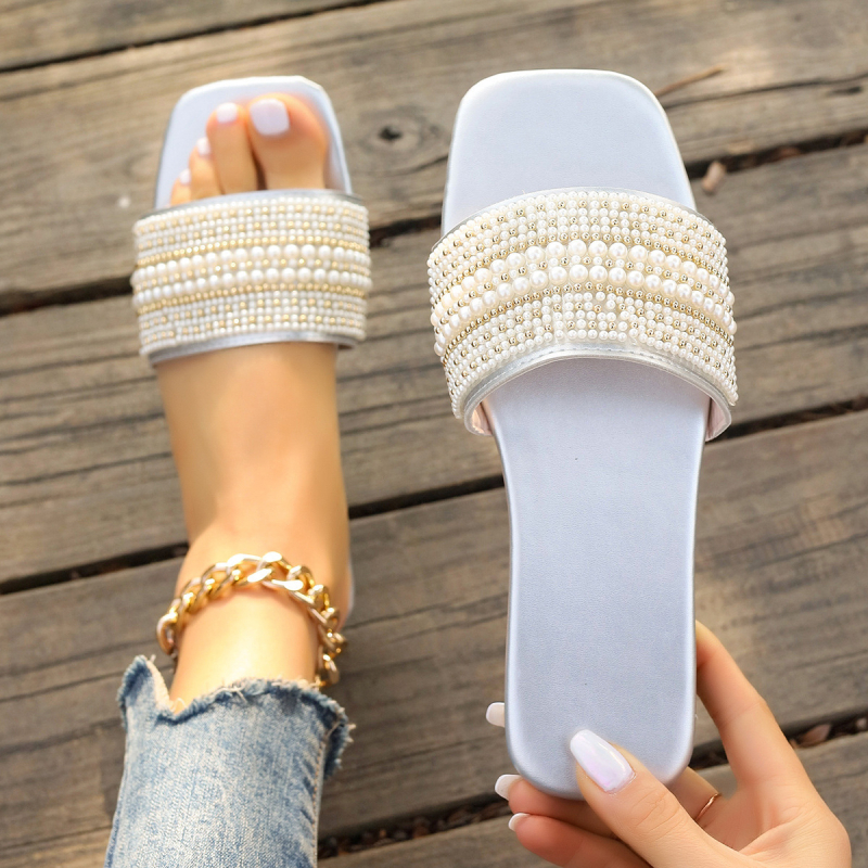 Ženske papuče s jednorodnim rhinestones, ravna potplat, gornji dio od umjetne PU, podstava od umjetne kože, gumena podloga, slip-on
