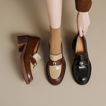 Ženske cipele s visokim petama, okrugli vrh, vamp od kože, šaren dizajn, chunky peta 6-8 cm, retro stil, slip-on