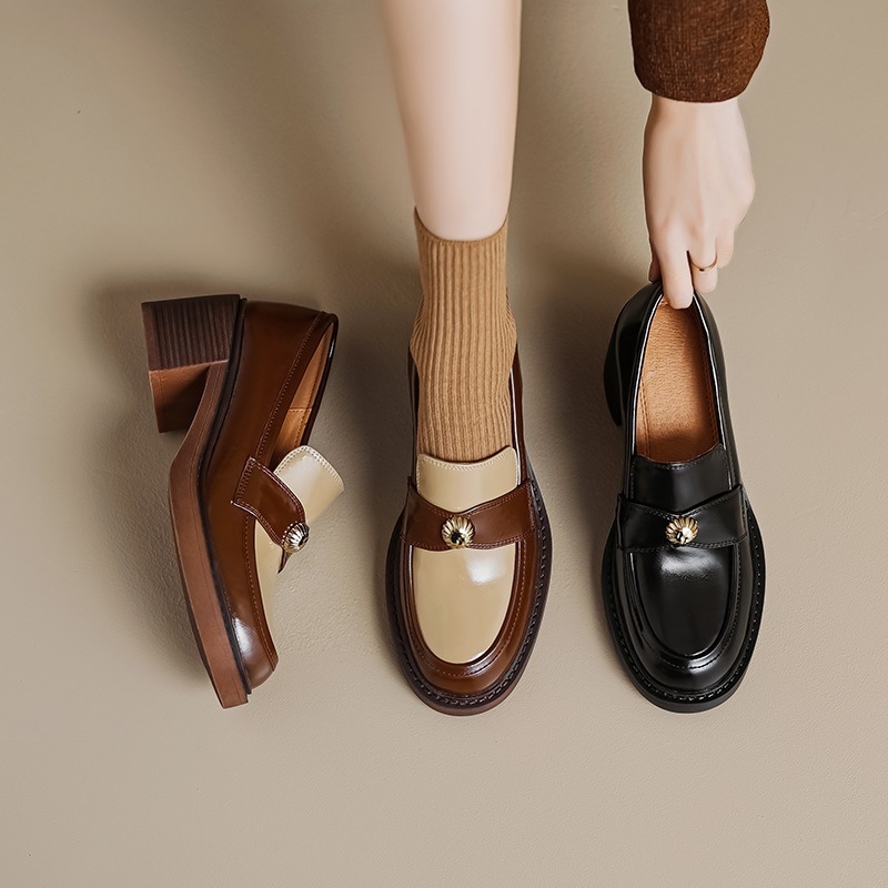 Ženske cipele s visokim petama, okrugli vrh, vamp od kože, šaren dizajn, chunky peta 6-8 cm, retro stil, slip-on