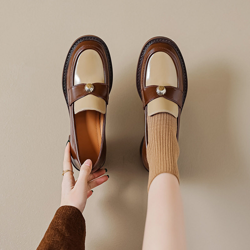 Ženske cipele s visokim petama, okrugli vrh, vamp od kože, šaren dizajn, chunky peta 6-8 cm, retro stil, slip-on